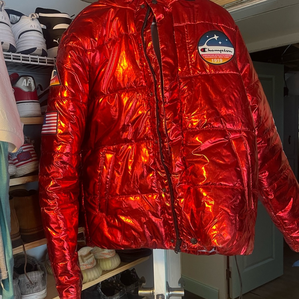 Men’s Champion x NASA Puffer Jacket Coat Metallic Red Limited Edition  Medium